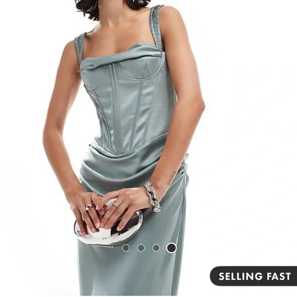 ASOS DESIGN corset detail draped satin maxi dress with lace up back in sea green - Picture 1 of 4